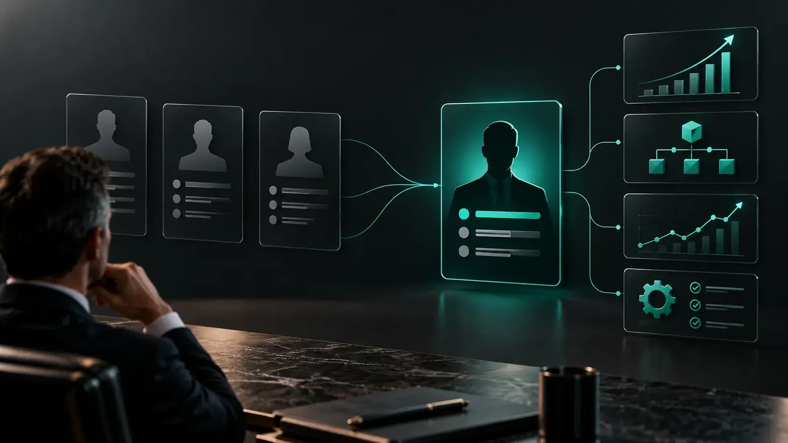 A hiring leader reviews CTO candidate profiles alongside evidence of company growth, technology delivery and leadership outcomes.